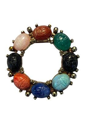 Vintage Egyptian Revival Scarab Circle Brooch Multicolor Carved Stone Style Pin